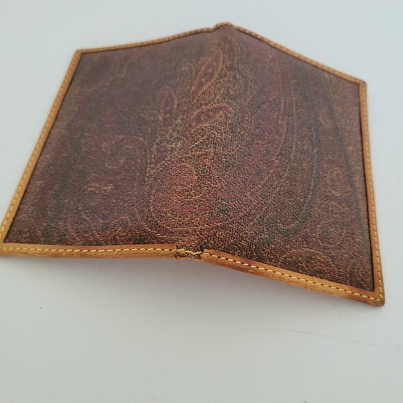 Etro Vintage Brown Paisley Leather Card Wallet Logo Italian Bifold Compact Small - Picture 6 of 9